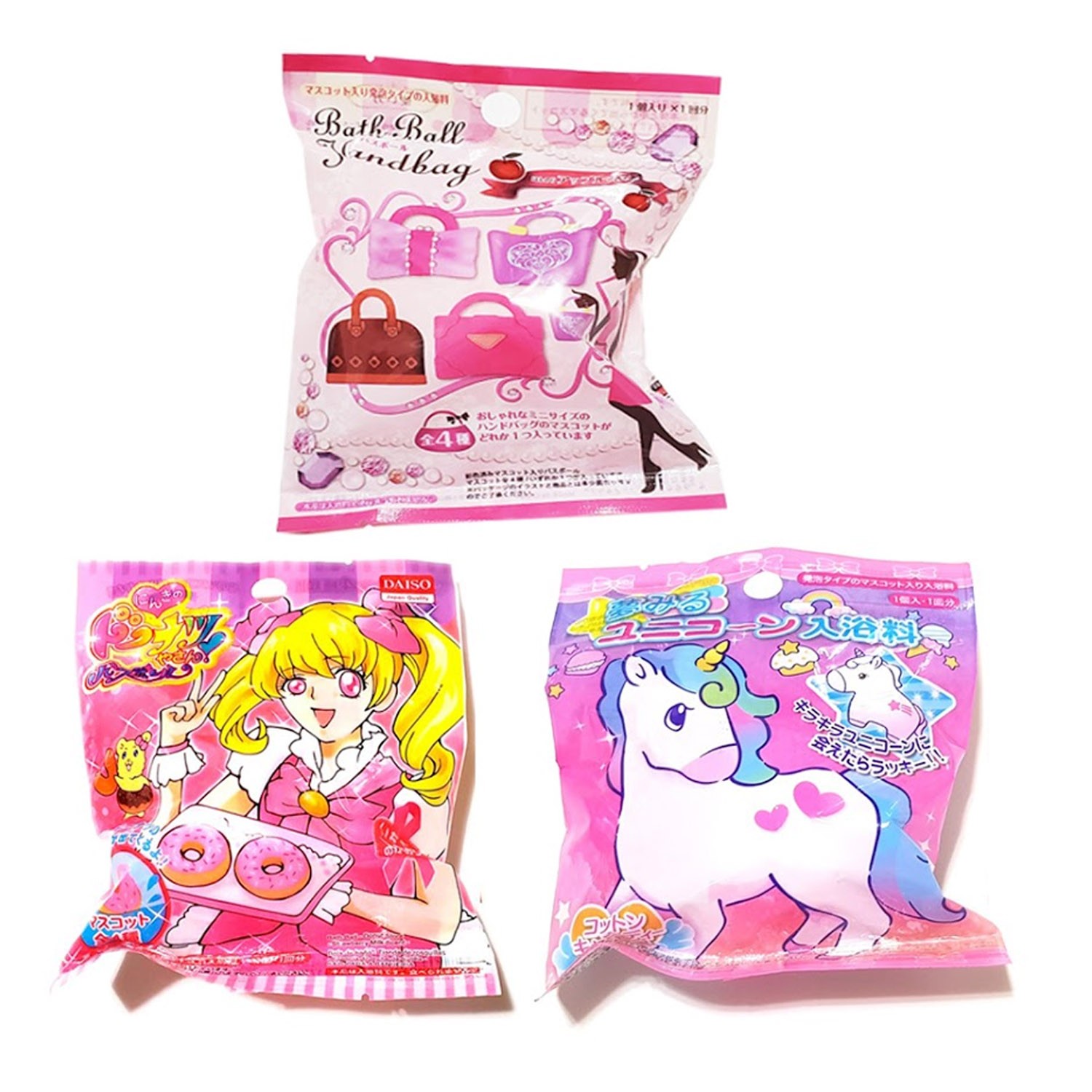 日本進口-玩具入浴球/泡澡球-女孩最愛組 手提包+甜甜圈+獨角獸 (內附玩具公仔)-(TAURUS代理商進口商品)