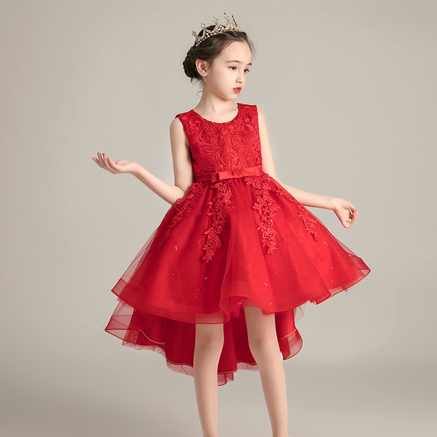 蕾絲圓領前短後長小禮服-紅色 (110cm)