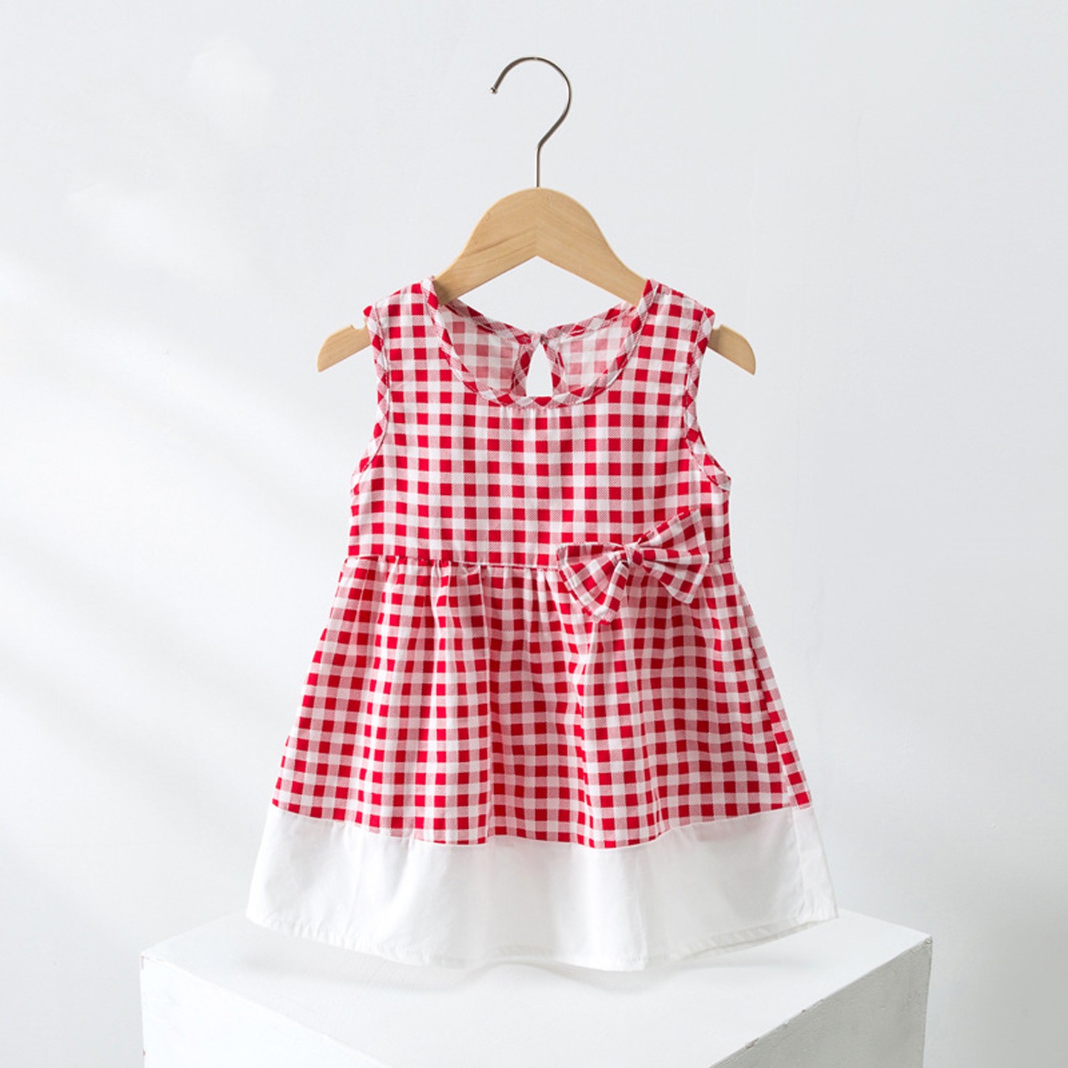 田園鄉村風純棉蝴蝶結無袖洋裝-紅色格子 (90cm)