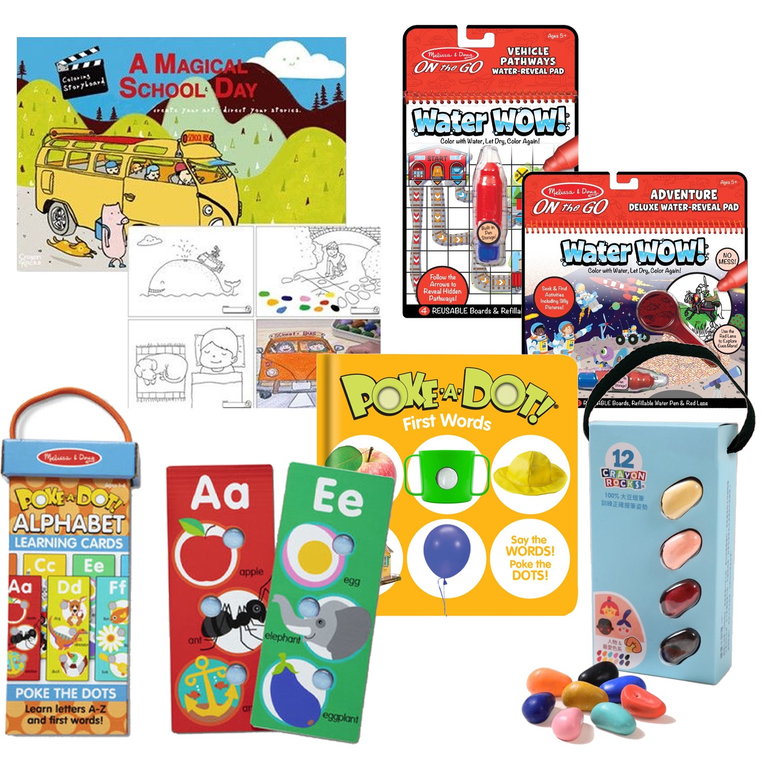 【小環獨家組合】神奇泡泡隨身書(日常生活)+酷蠟石-說故事繪圖本(小豬的神奇上學日(無附筆))+水畫冊(交通迷宮)+水畫冊2.0豪華款(冒險家)+神奇泡泡閃卡(英文字母)+酷蠟石12色(人物&最愛色系-共六品-團購專案