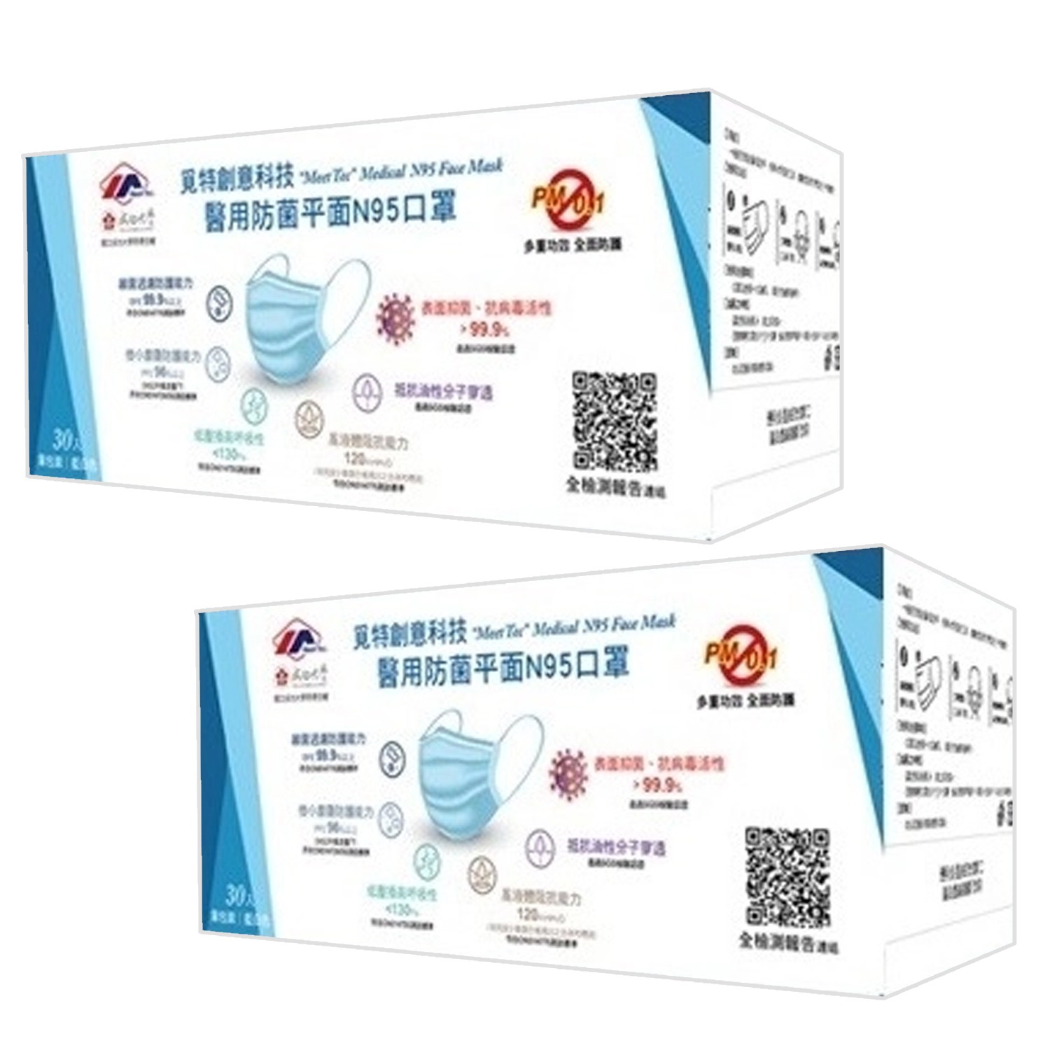 MD雙鋼印防塵機能膜醫用防菌平面N95口罩-超值2入組-[單入口罩獨立包裝] (成人)-30入/盒*2