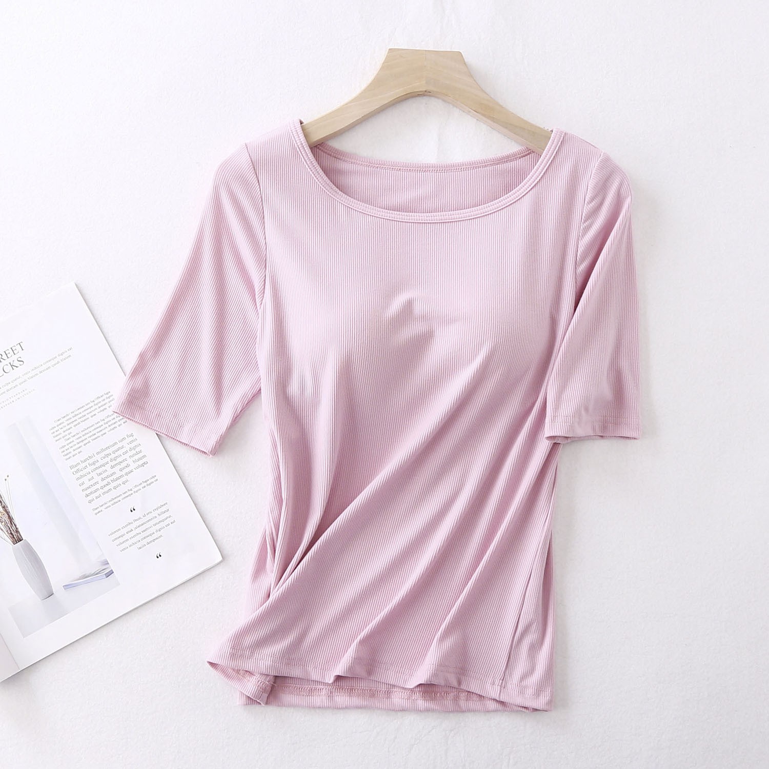 莫代爾柔軟涼感Bra T-五分袖款-豆沙粉 (M (胸圍79-87cm))