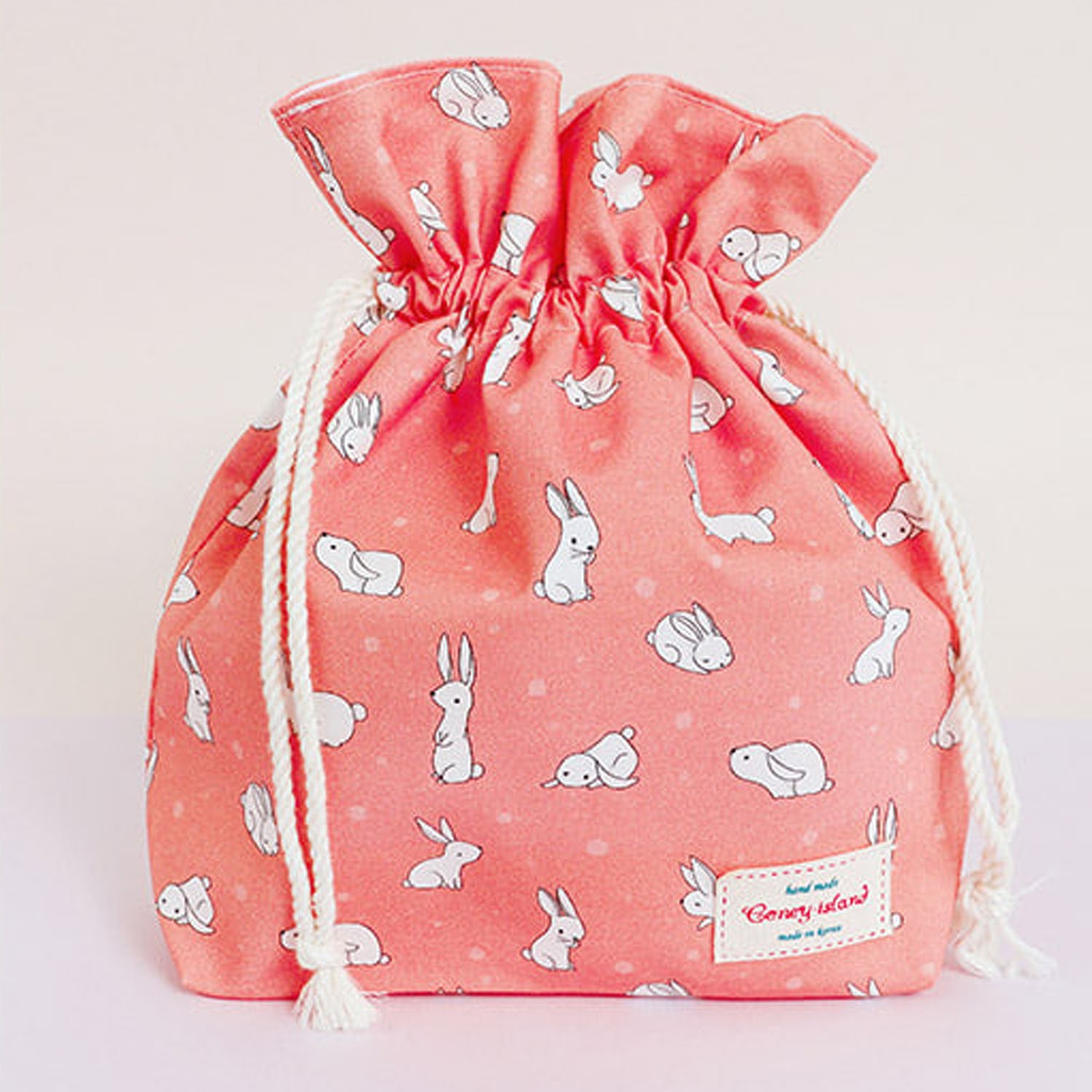 防水束口便當袋/收納袋-粉紅小兔 (25.5X25.5X8cm)