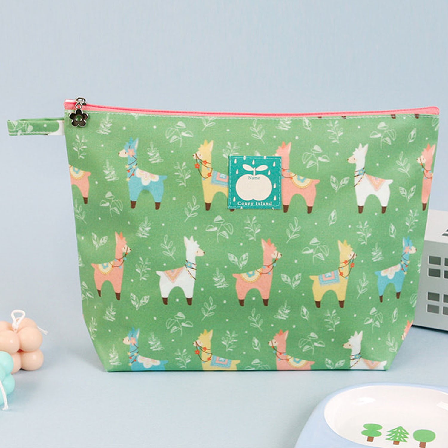 寬底防水拉鍊收納袋-大(可放餐盤)-綠色駱馬 (30X21X7cm)