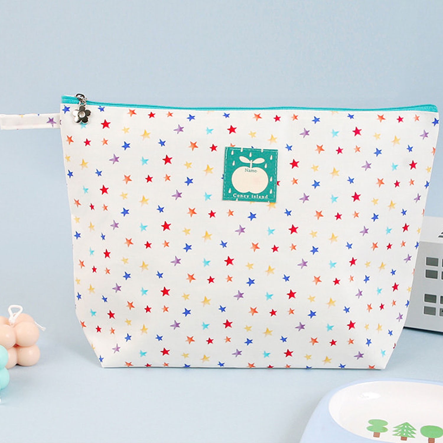 寬底防水拉鍊收納袋-大(可放餐盤)-彩色星星 (30X21X7cm)