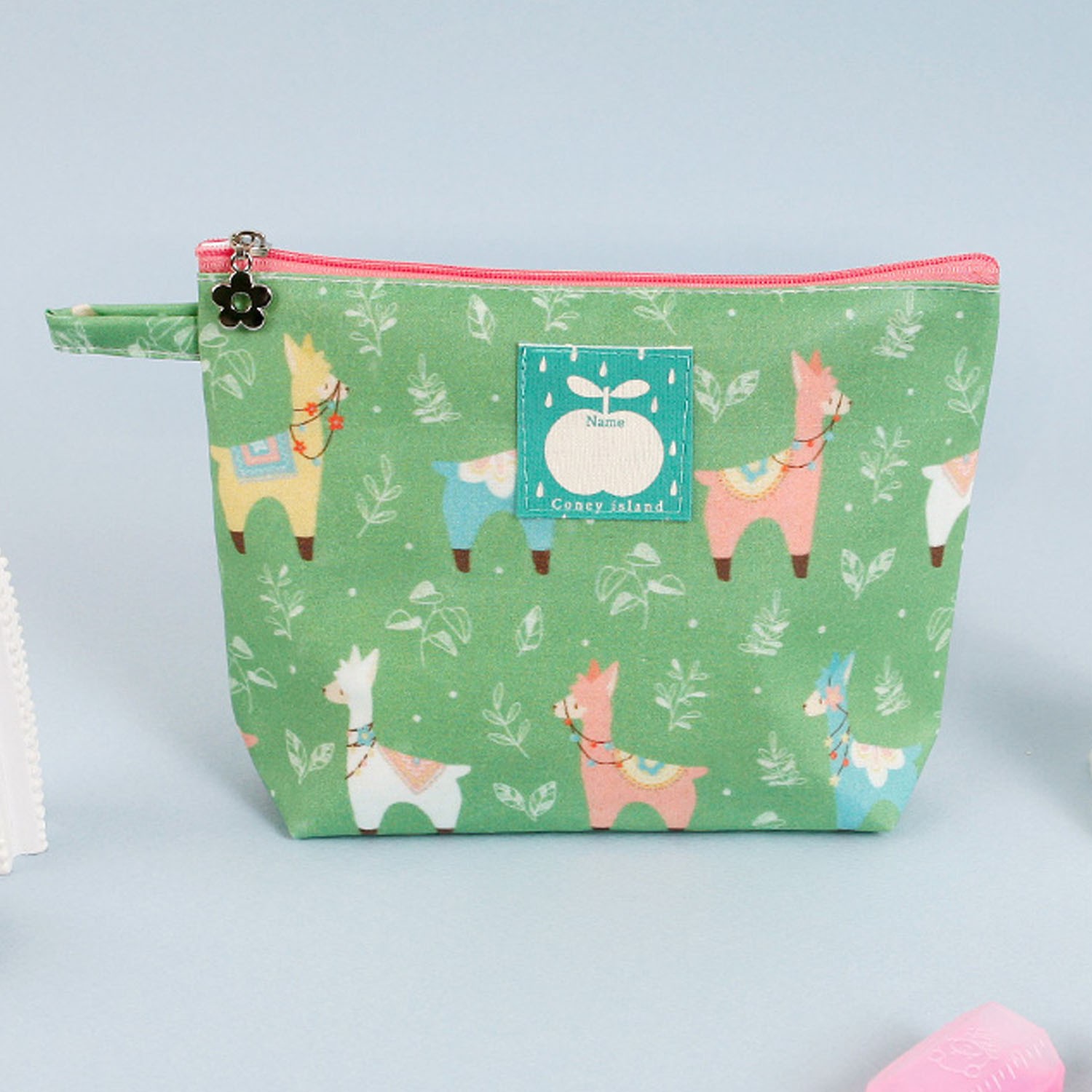 寬底防水拉鍊收納袋-小-綠色駱馬 (20.5X14.5X5cm)