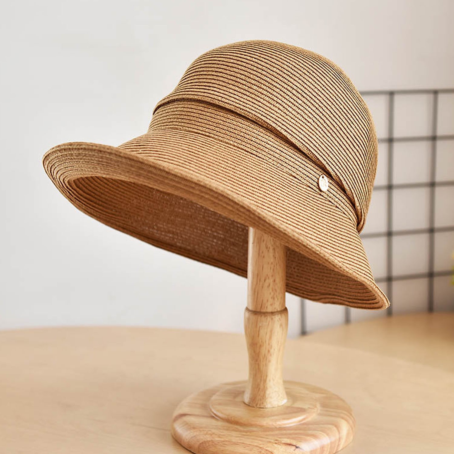 成人復古百搭可折疊遮陽草帽-鐵片吊牌-卡其色 (57cm)