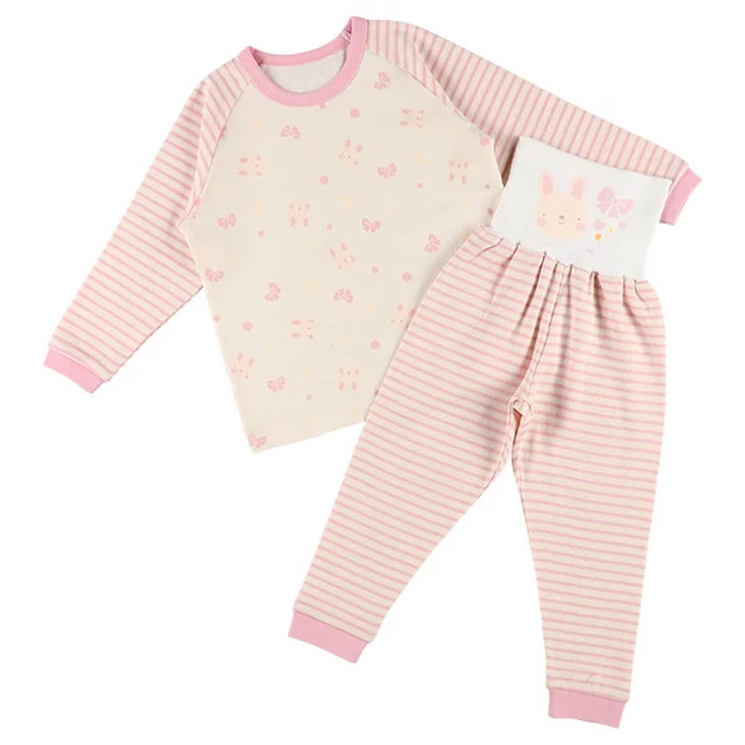 有機棉 印花長袖腹卷睡衣-蝴蝶結小兔-粉 (90cm)-LC-4678