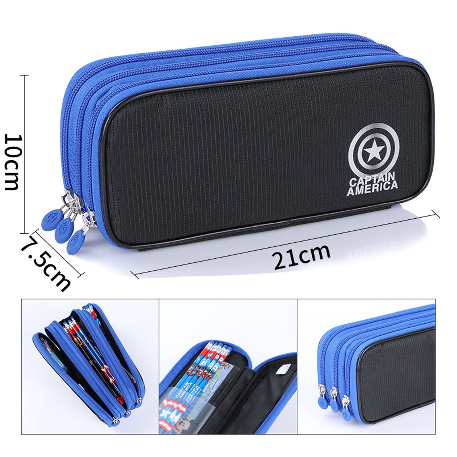 簡約多分層大容量鉛筆袋-卡通人物美國隊長-藍色