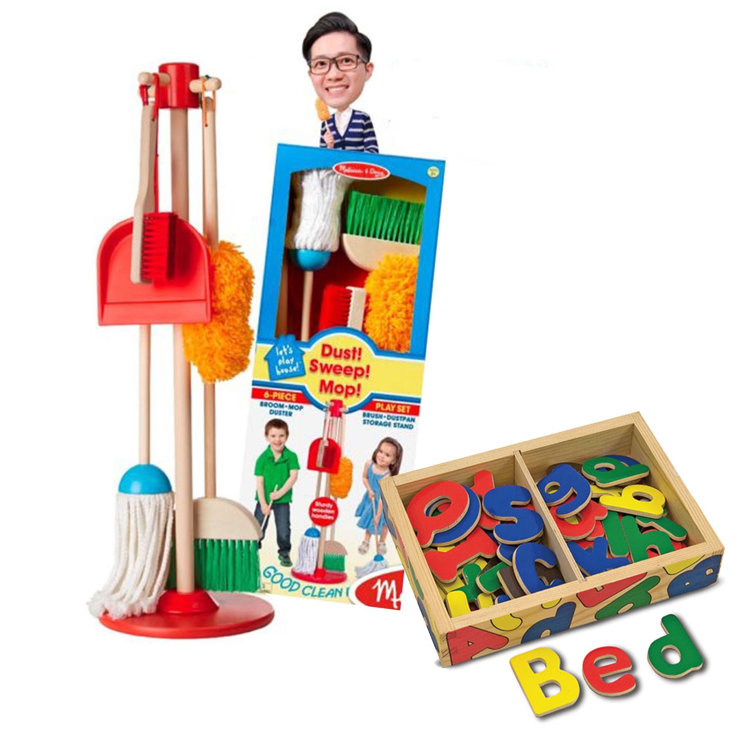 【獨家組合】大小寫英文字母木質磁鐵貼52 pcs+角色扮演-幼兒掃地清潔工具組-團購專案