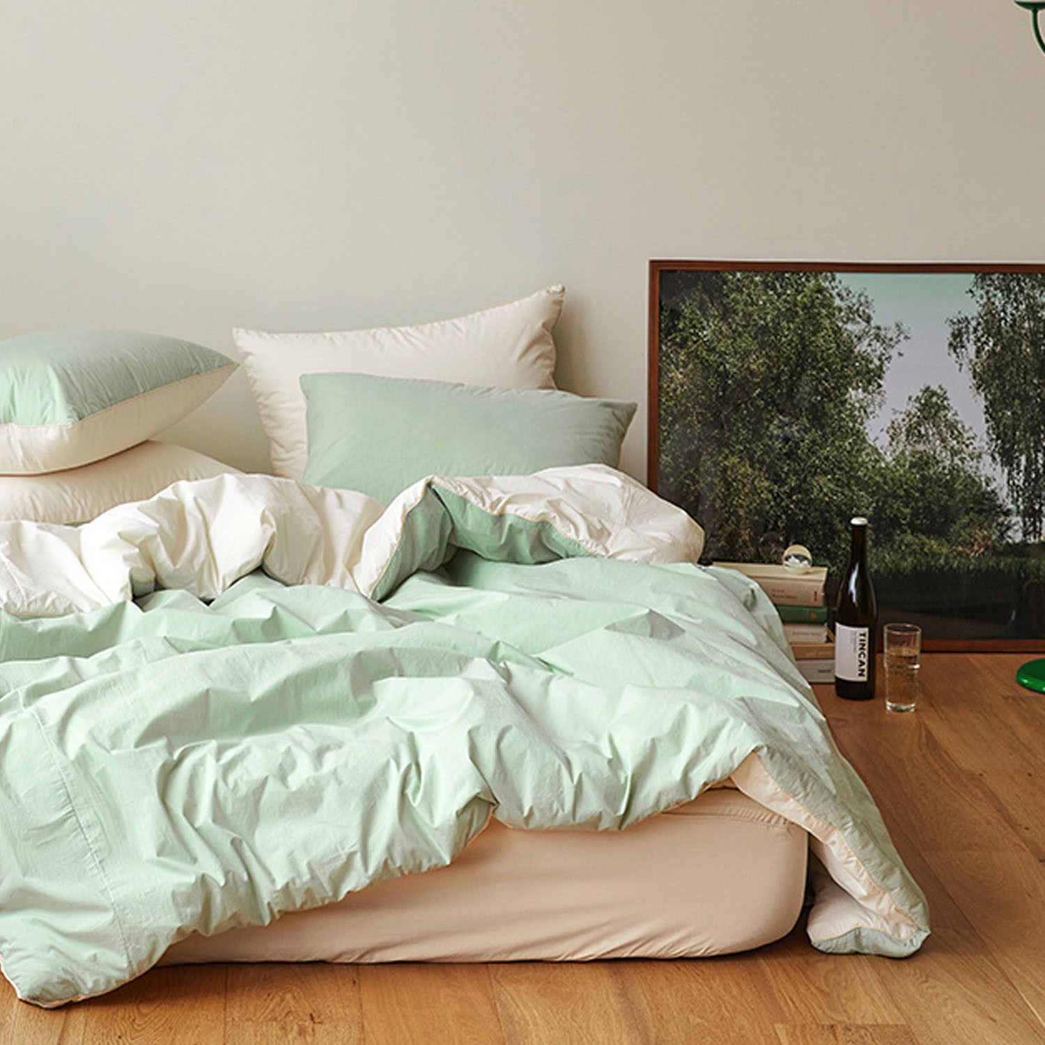 可水洗雙色高密度60支棉棉被-薄荷葉茶 (單人床[150X200cm])