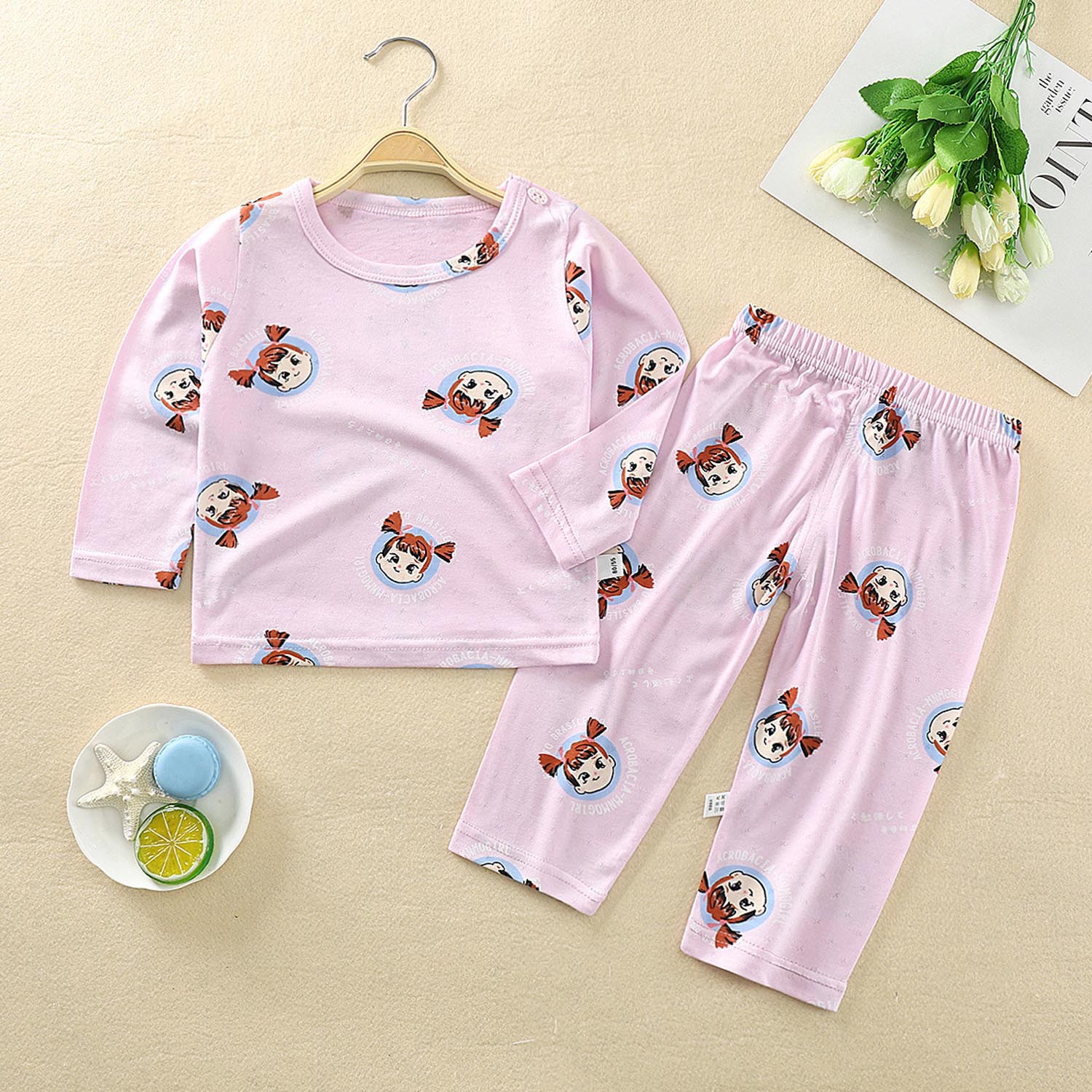 輕薄透氣柔軟棉質睡衣家居服長袖套裝-小女孩-粉色 (90cm(有肩扣))