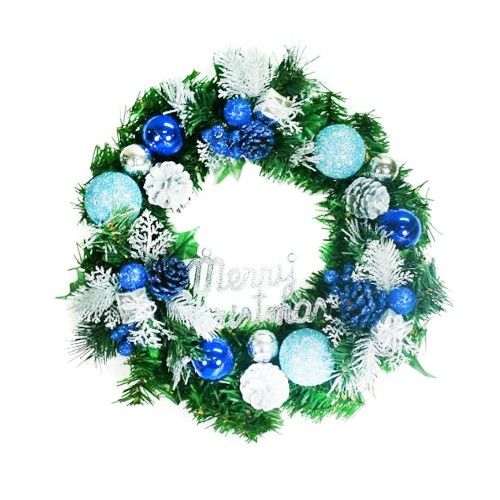 14吋豪華高級綠色聖誕花圈(台灣手工組裝)-藍銀色系裝飾-綠色聖誕花圈 (14吋(約35cm))