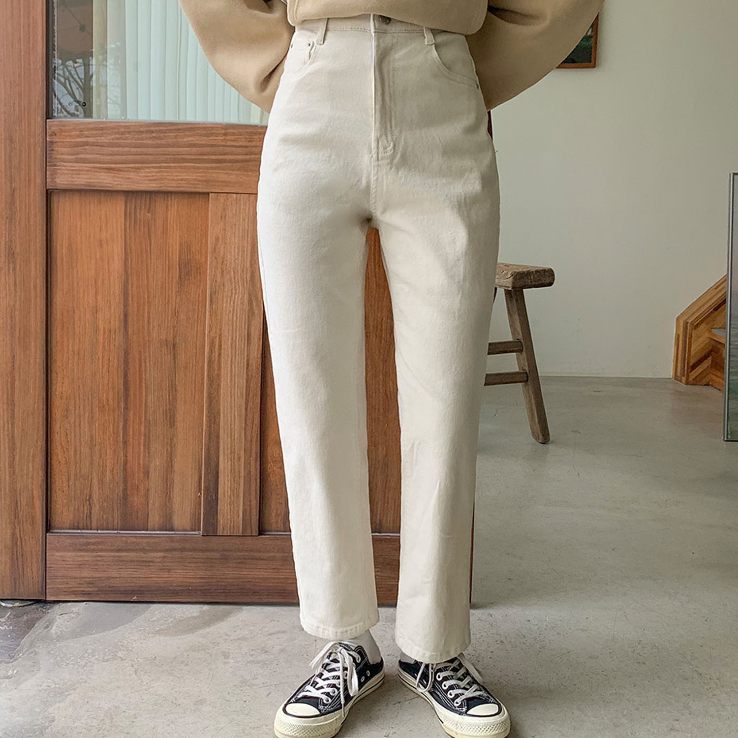 (裏起毛)超彈力收腰鬆緊老爺褲-米白 (S)