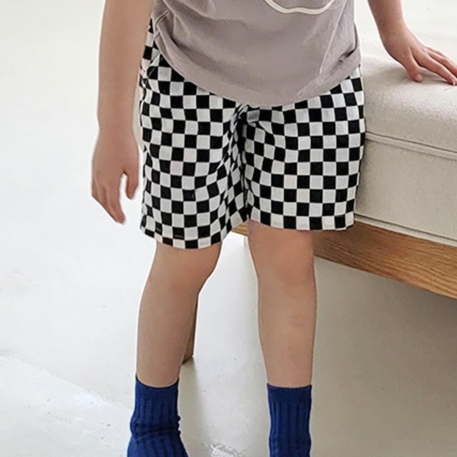 鬆緊腰棋盤格子短褲-黑 (5號[90-95cm])