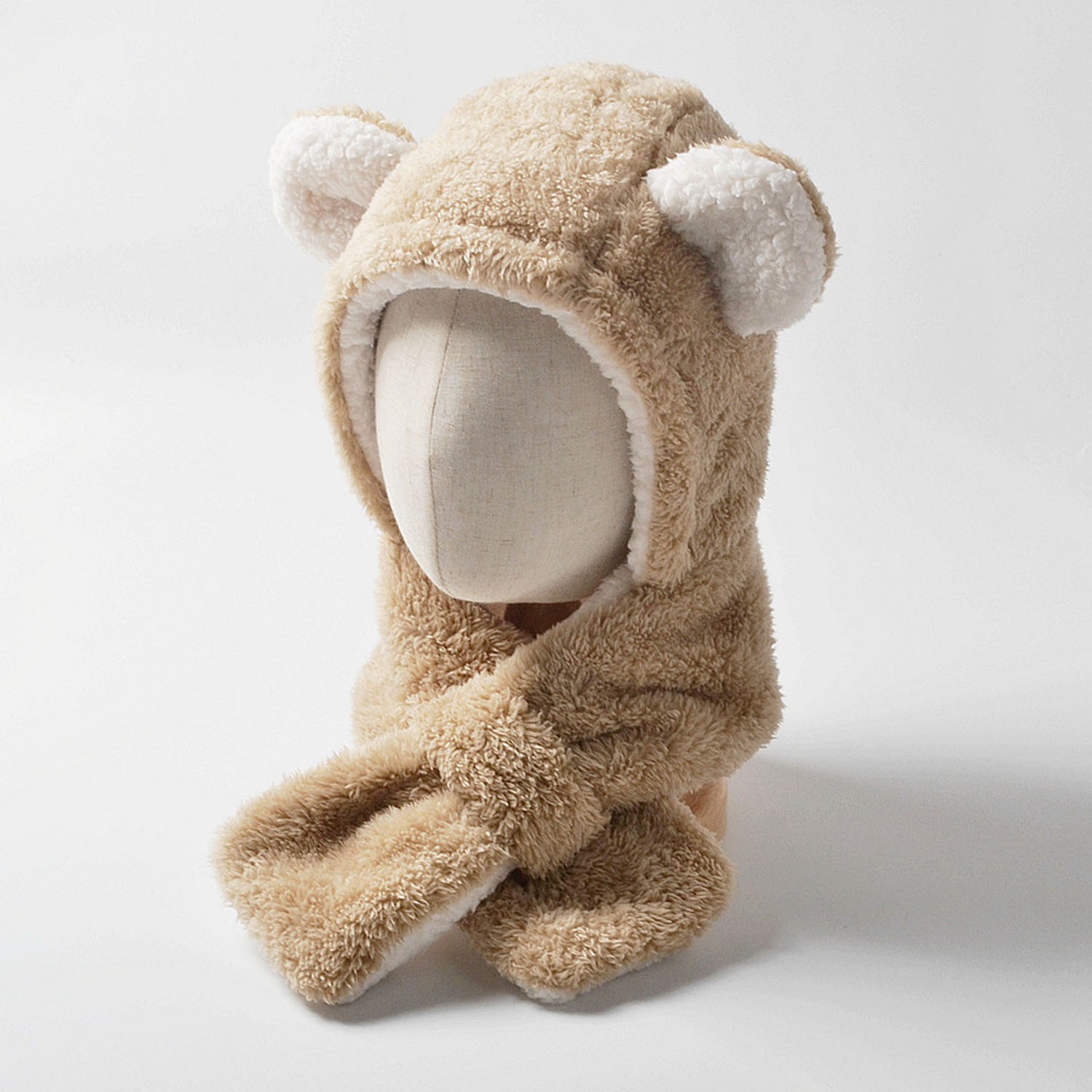 毛絨絨圍脖一體帽-兔子耳朵-淺咖啡色 (M(約3歲到8歲))