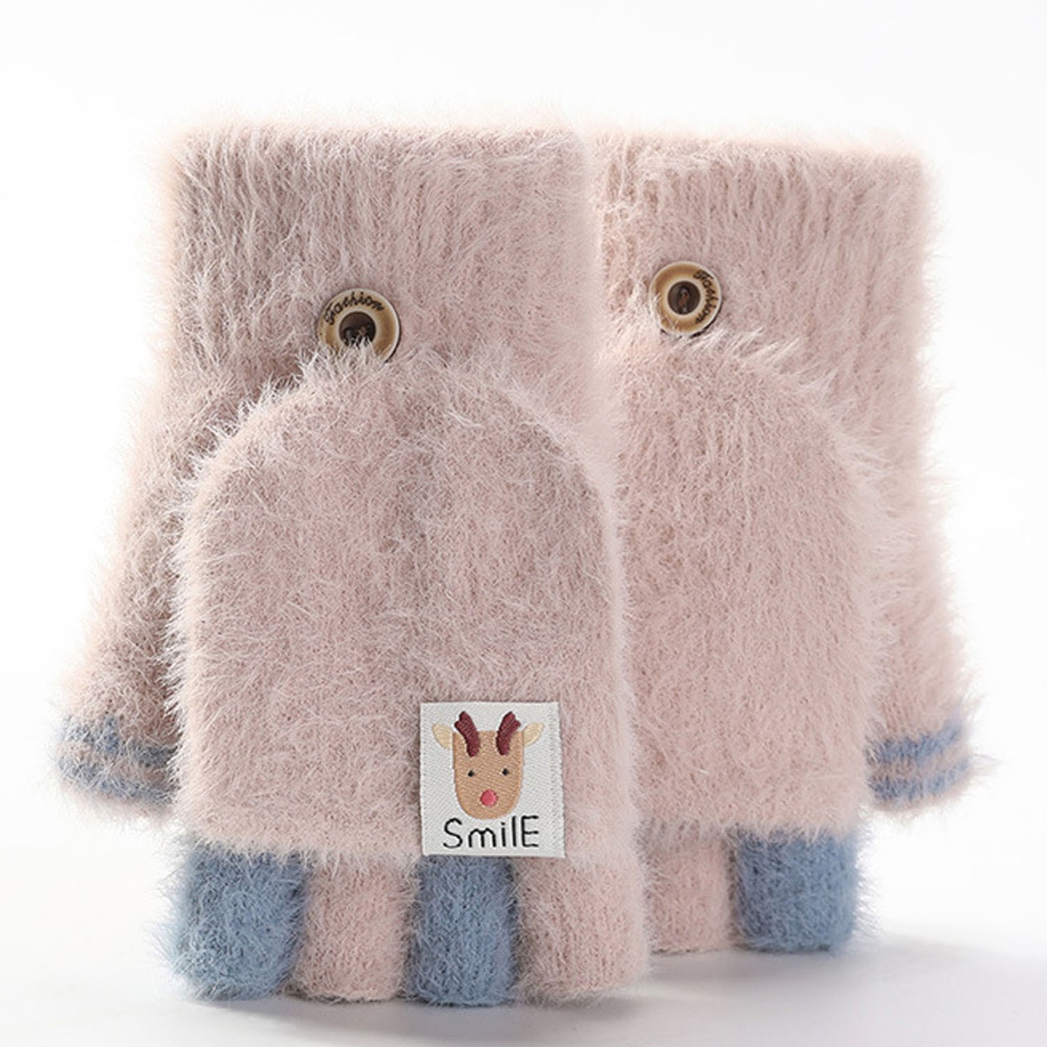 兒童毛絨絨翻蓋手套-鹿寶寶-暗粉色 (建議6-10歲)