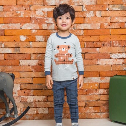 30支無螢光棉長袖家居服-格紋小熊 (90)