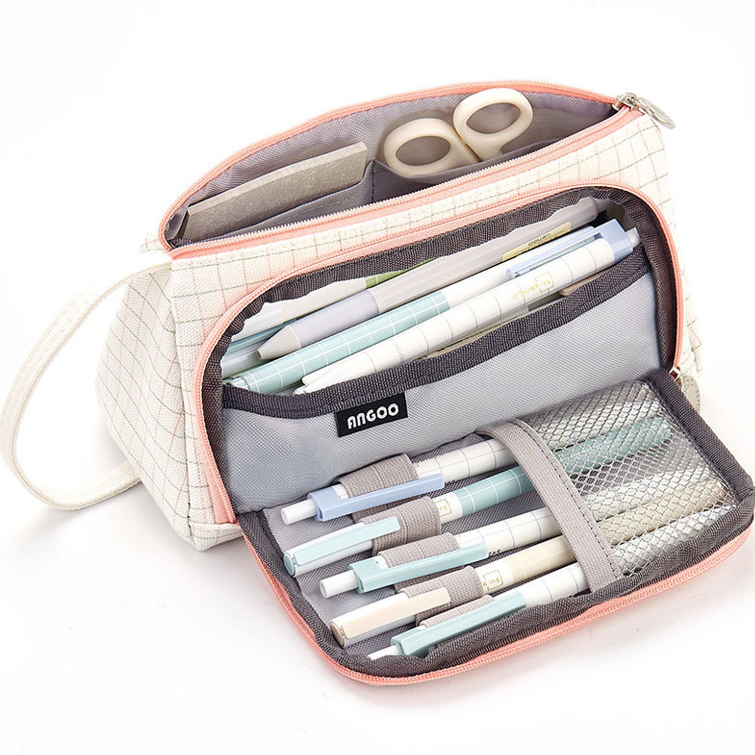 三角形大開口鉛筆袋-粉綠色格紋