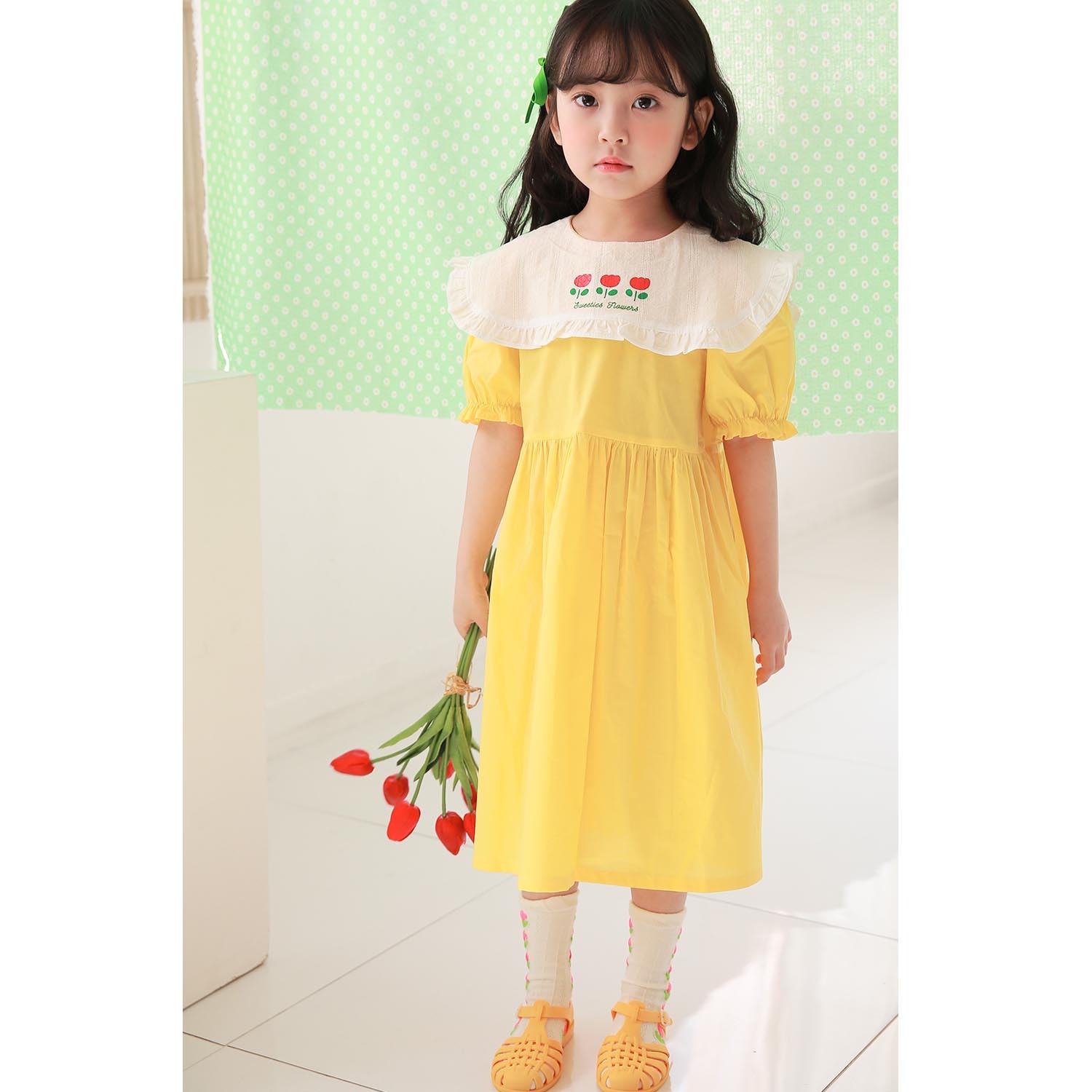 三朵鬱金香大白領長版洋裝-黃 (5號90-95cm])