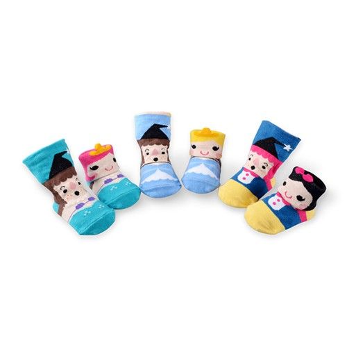 貝寶童話公主寶寶襪3入組-3款各1(白雪公主/灰姑娘/人魚公主)-隨機色 (9-12cm)