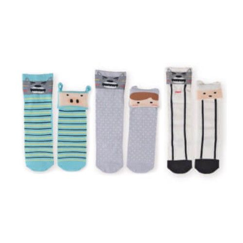 貝寶童話故事寶寶襪3入組-男寶3款各1(小紅帽/三隻小豬/七小羊)-隨機色 (9~12cm)