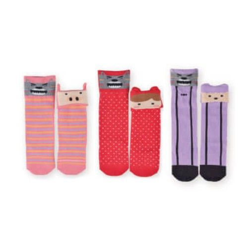 貝寶童話故事寶寶襪3入組-女寶3款各1(小紅帽/三隻小豬/七小羊)-隨機色 (9~12cm)