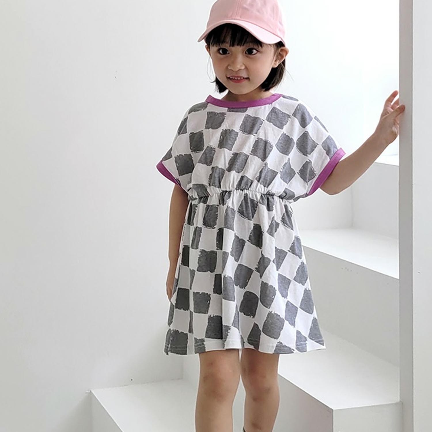 棋盤格子縮腰洋裝-灰 (5號[90-95cm])