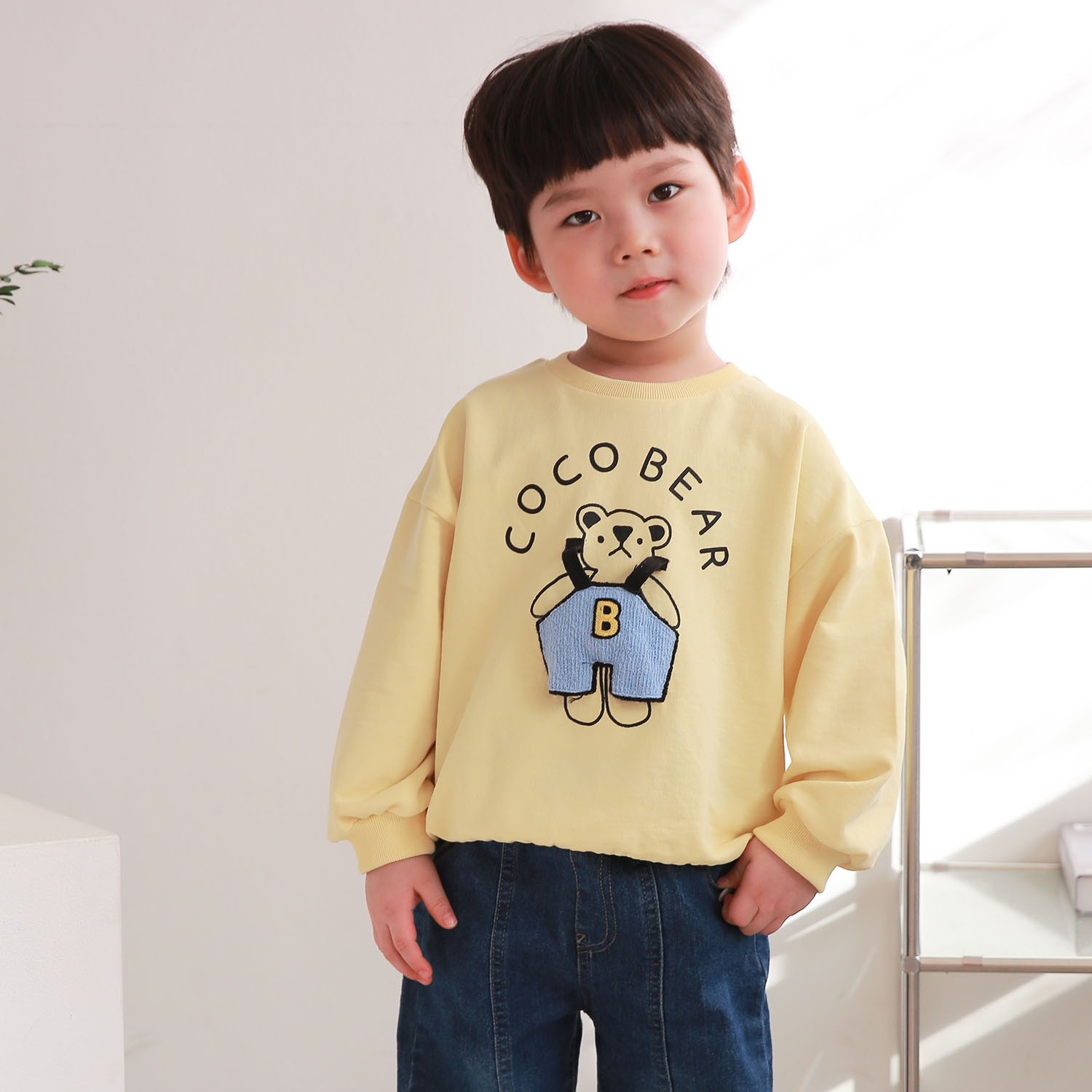 吊帶褲熊熊娃娃大學T-鵝黃 (S[90-100cm])