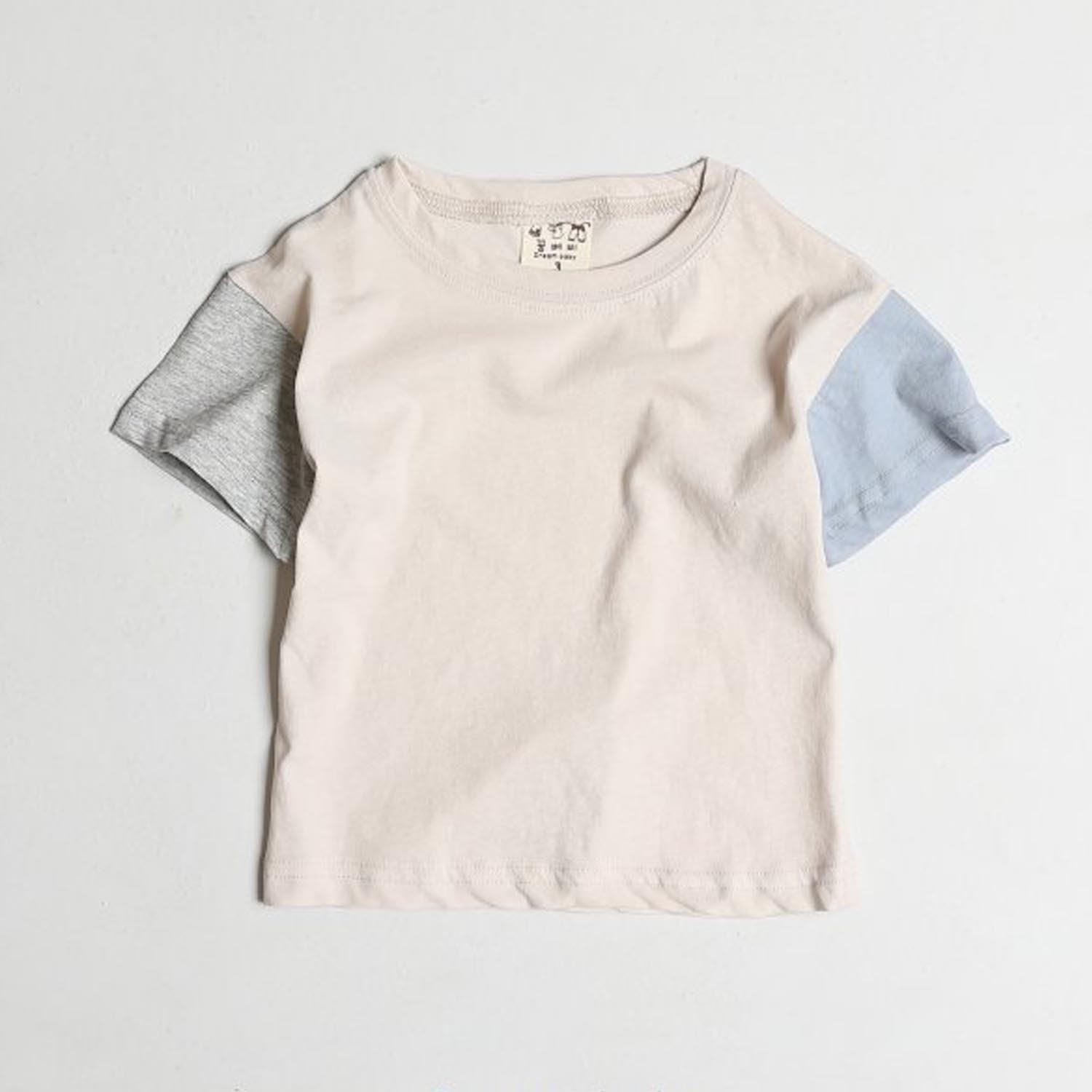 撞色袖拼接純棉T-灰X藍 (5[~93cm])