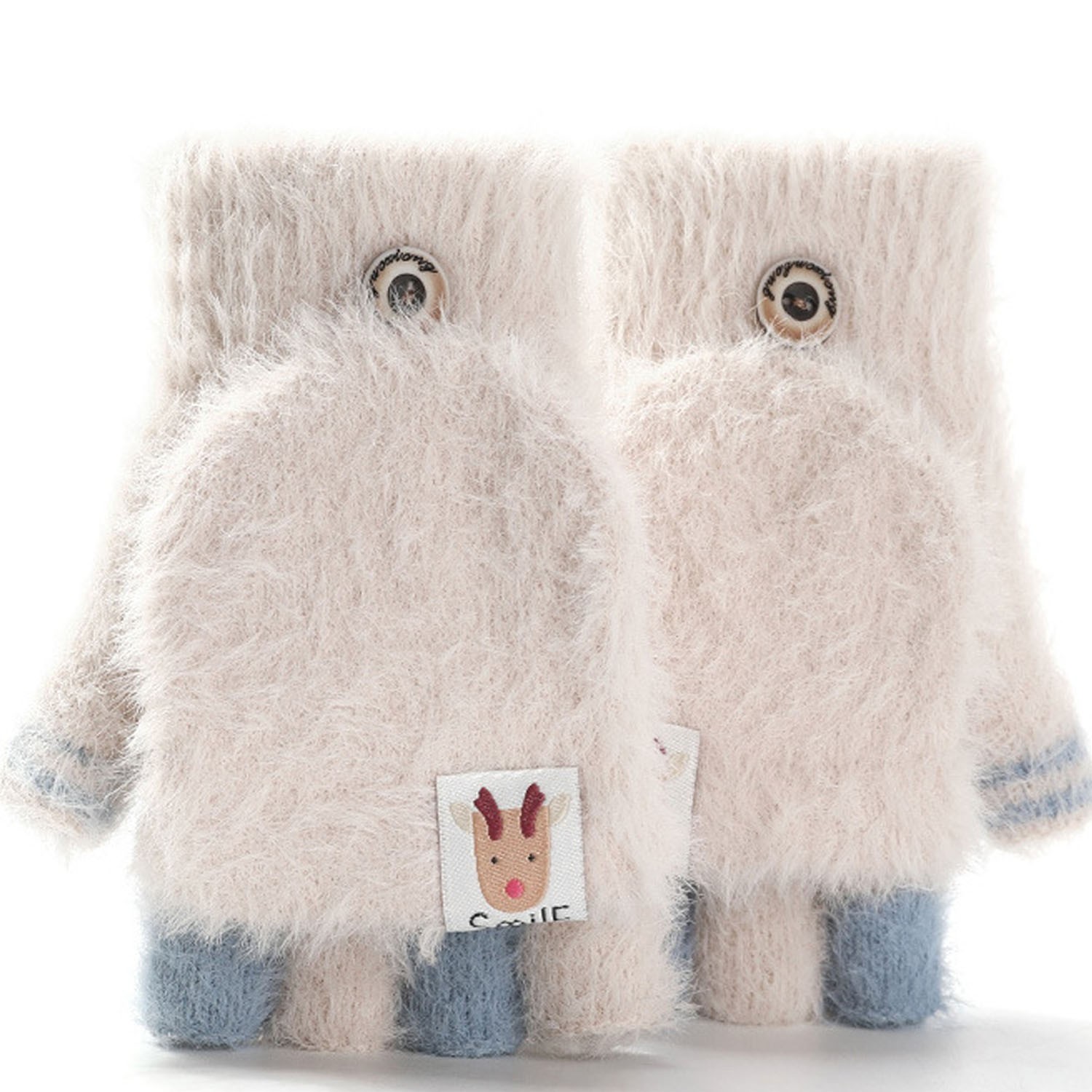 兒童毛絨絨翻蓋手套-鹿寶寶-米白色 (建議6-10歲)