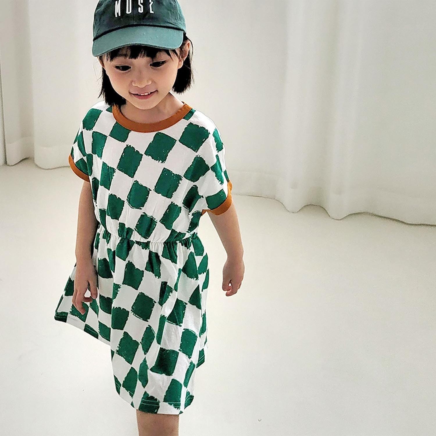 棋盤格子縮腰洋裝-綠 (5號[90-95cm])