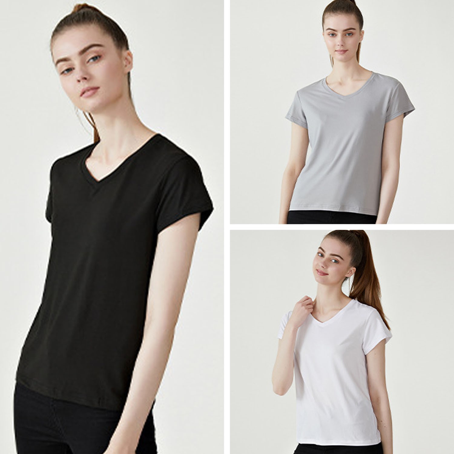 休閒短袖上衣-圓領-白+黑+灰 (S)