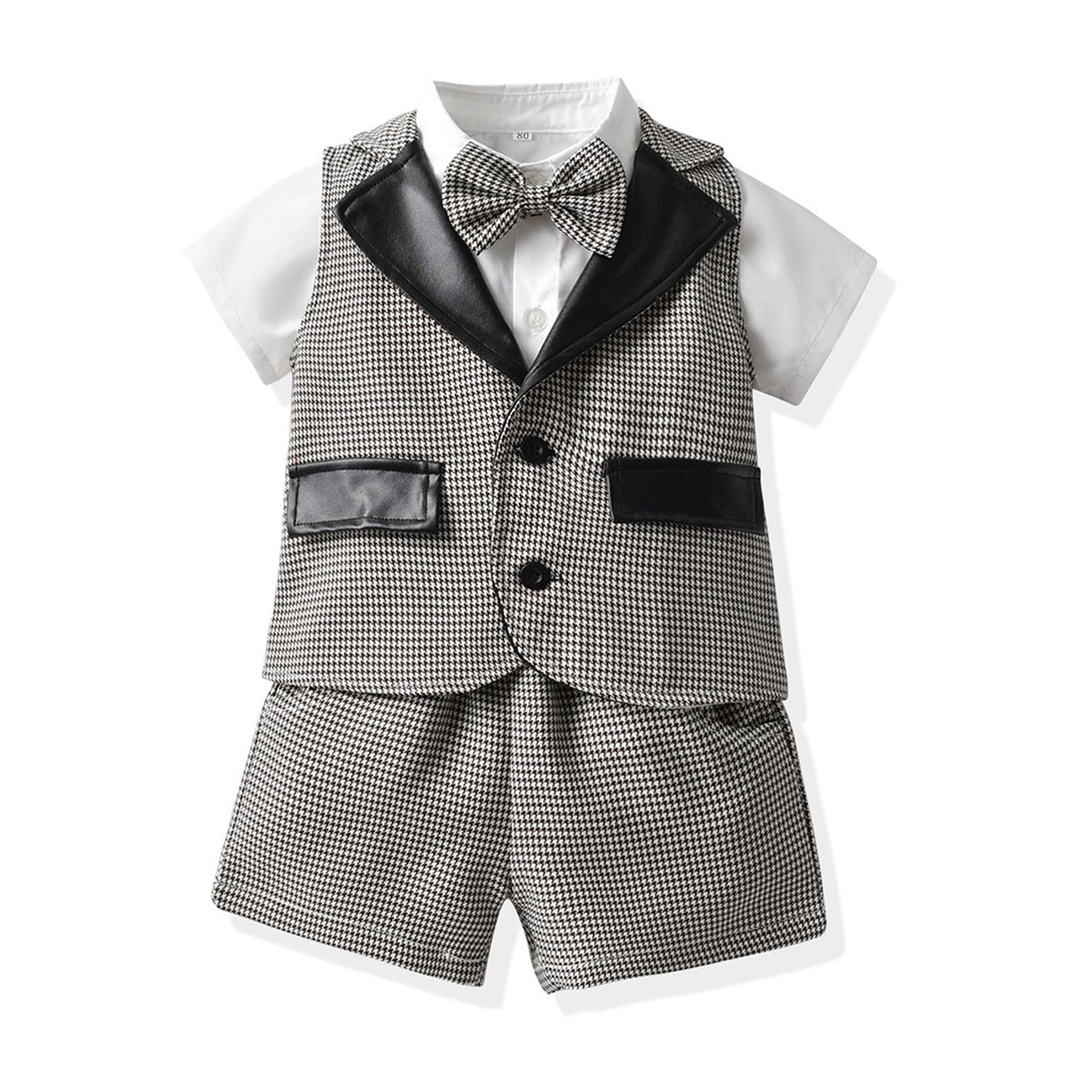 小紳士皮革馬甲吊帶套裝-格紋馬甲(無背帶款)-淺棕色 (90cm)