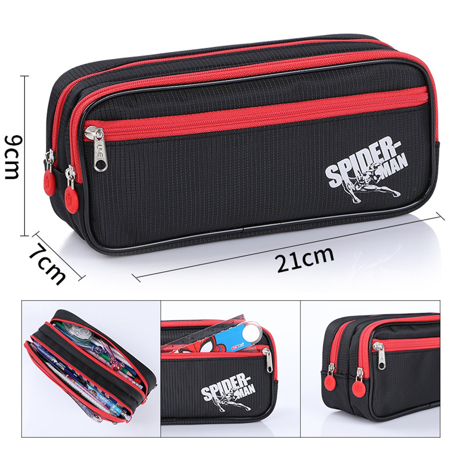 簡約多分層大容量鉛筆袋-卡通人物蜘蛛人-紅色 (外側拉鏈款)