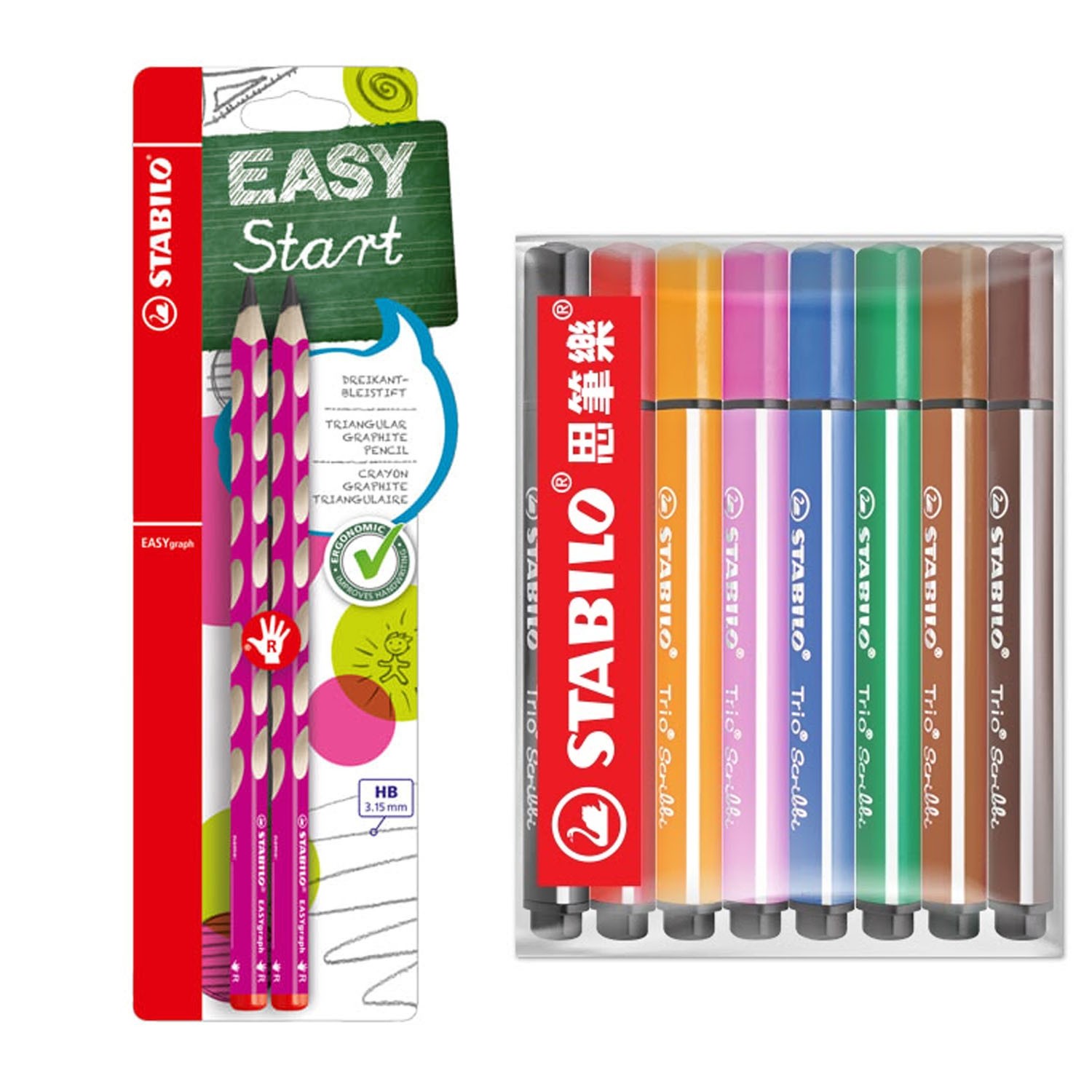 EASYgraph 洞洞筆 鉛筆系列 HB 右手 粉紅色 2支入 + 畫畫樂可水洗彩色筆 超值包(8支入-顏色隨機)