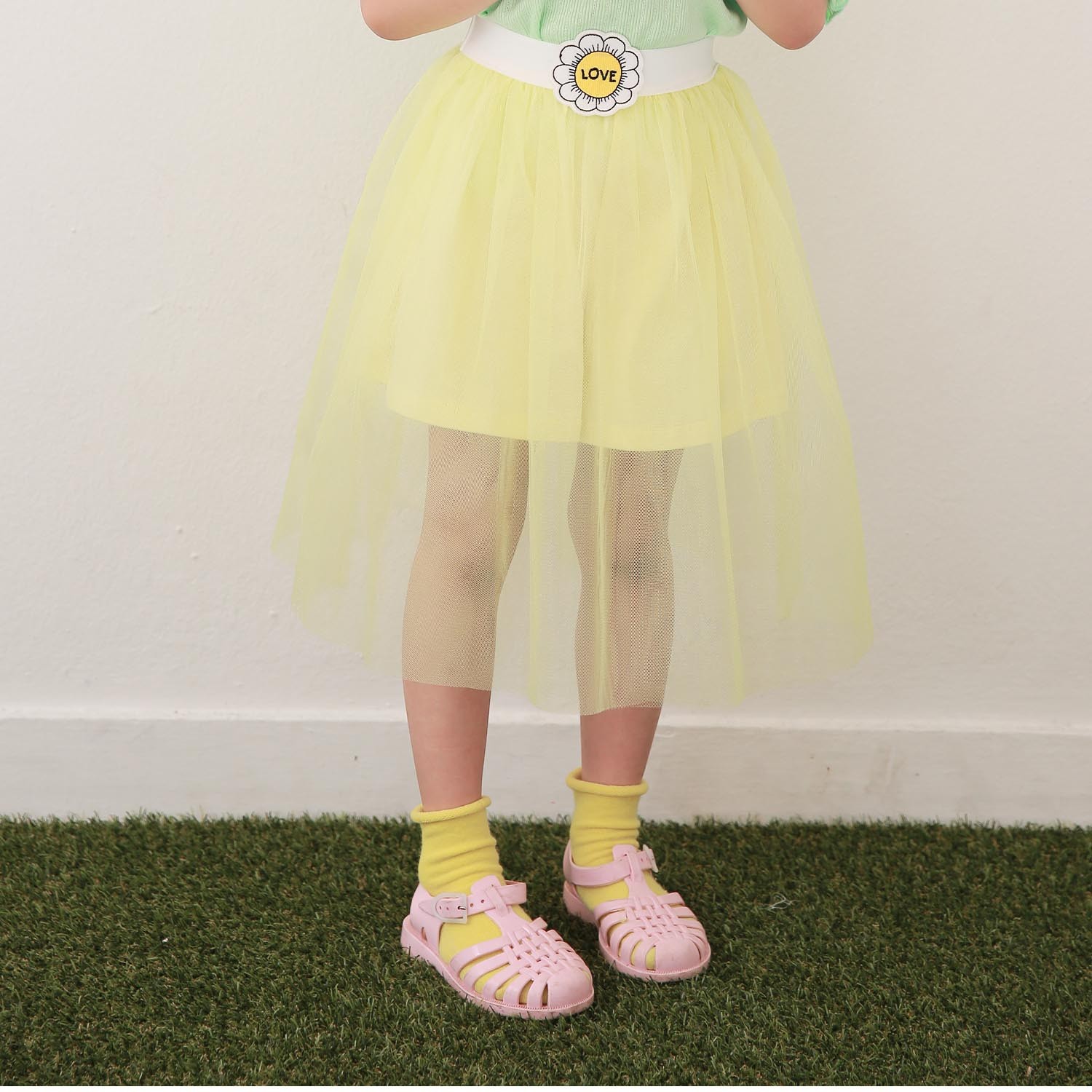 腰間花花網紗褲裙-鵝黃 (5號90-95cm])