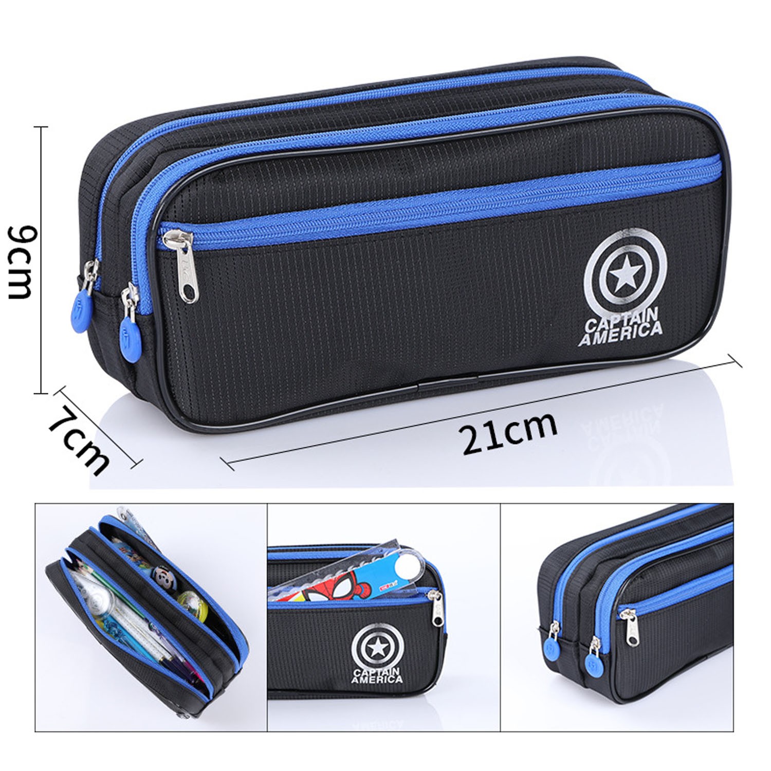 簡約多分層大容量鉛筆袋-卡通人物美國隊長-藍色 (外側拉鏈款)