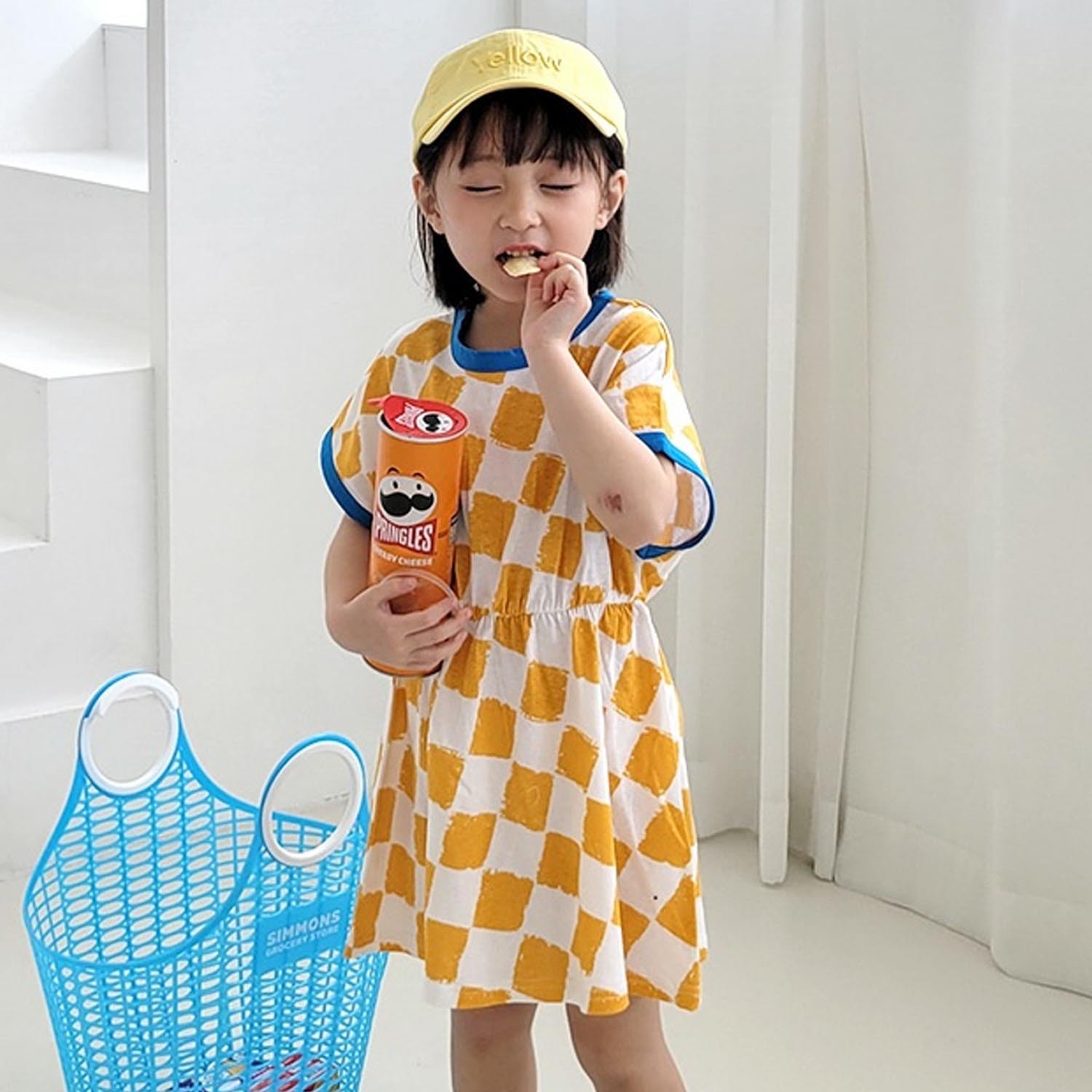 棋盤格子縮腰洋裝-黃 (5號[90-95cm])