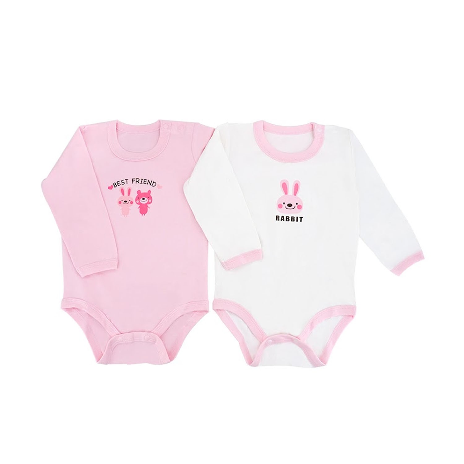 2件入-純棉長袖包屁衣 肩釦式童裝-粉色兔子 (80碼)