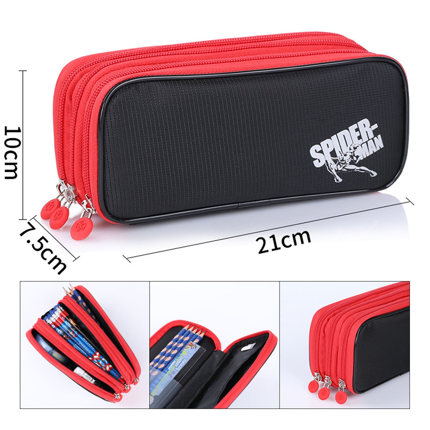 簡約多分層大容量鉛筆袋-卡通人物蜘蛛人-紅色