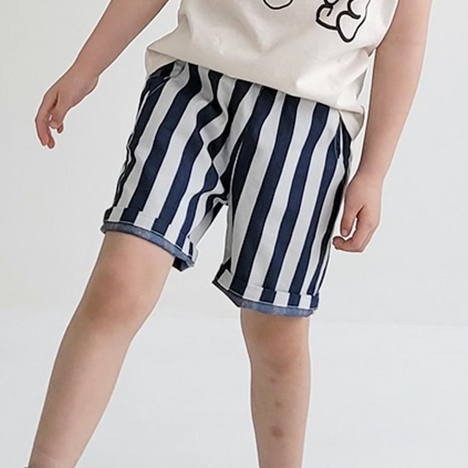 鬆緊腰直條紋短褲-深藍 (5號[90-95cm])