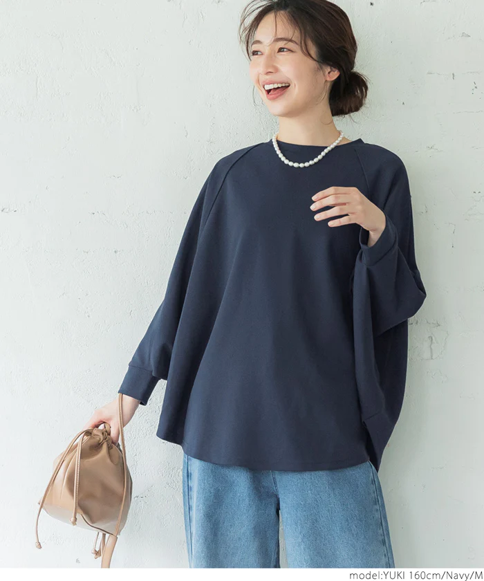 日本 COCA - 休閒簡約圓領飛鼠袖上衣-海軍藍