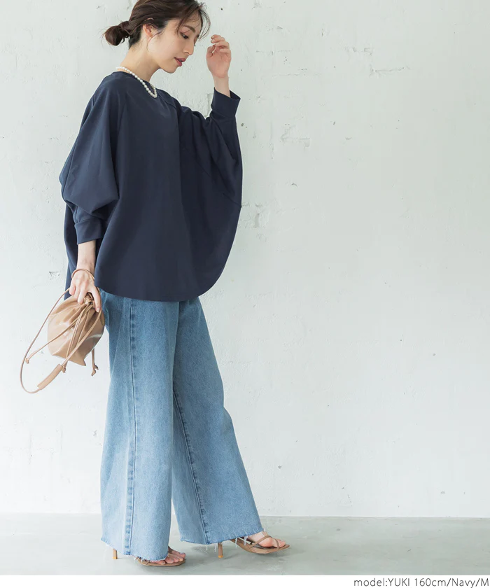 日本 COCA - 休閒簡約圓領飛鼠袖上衣-海軍藍