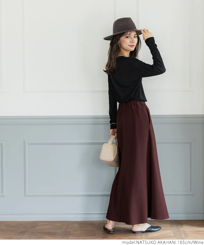 日本 COCA - A字顯瘦休閒長裙-素色-酒紅