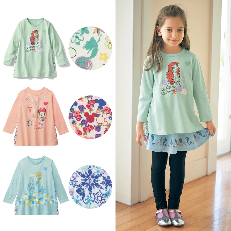 日本千趣會 - 迪士尼印花拼接長袖上衣-艾莉兒-薄荷綠