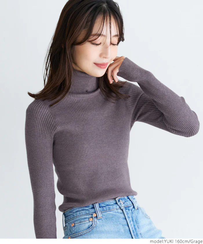 日本 COCA - 人氣定番 彈性羅紋薄針織上衣-中高領-奶油杏