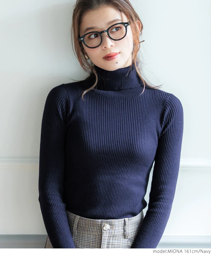 日本 COCA - 人氣定番 彈性羅紋薄針織上衣-中高領-奶油杏