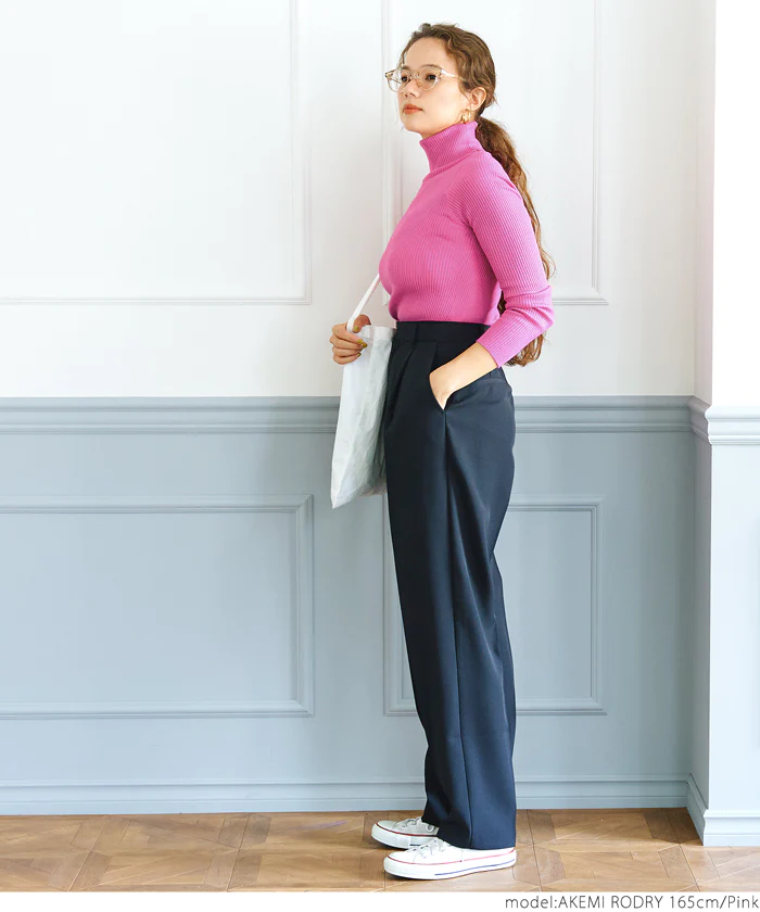 日本 COCA - 人氣定番 彈性羅紋薄針織上衣-中高領-奶油杏