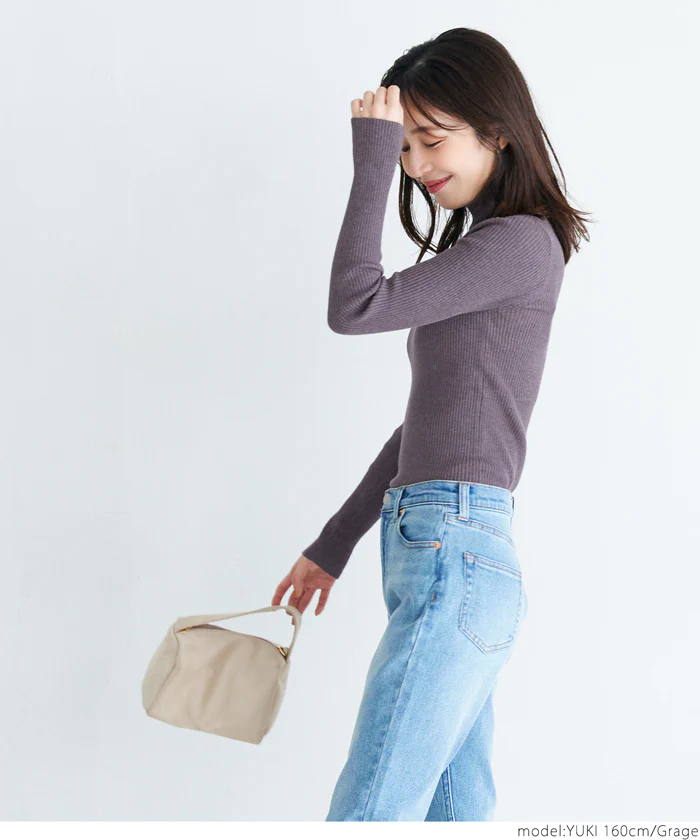 日本 COCA - 人氣定番 彈性羅紋薄針織上衣-中高領-奶油杏